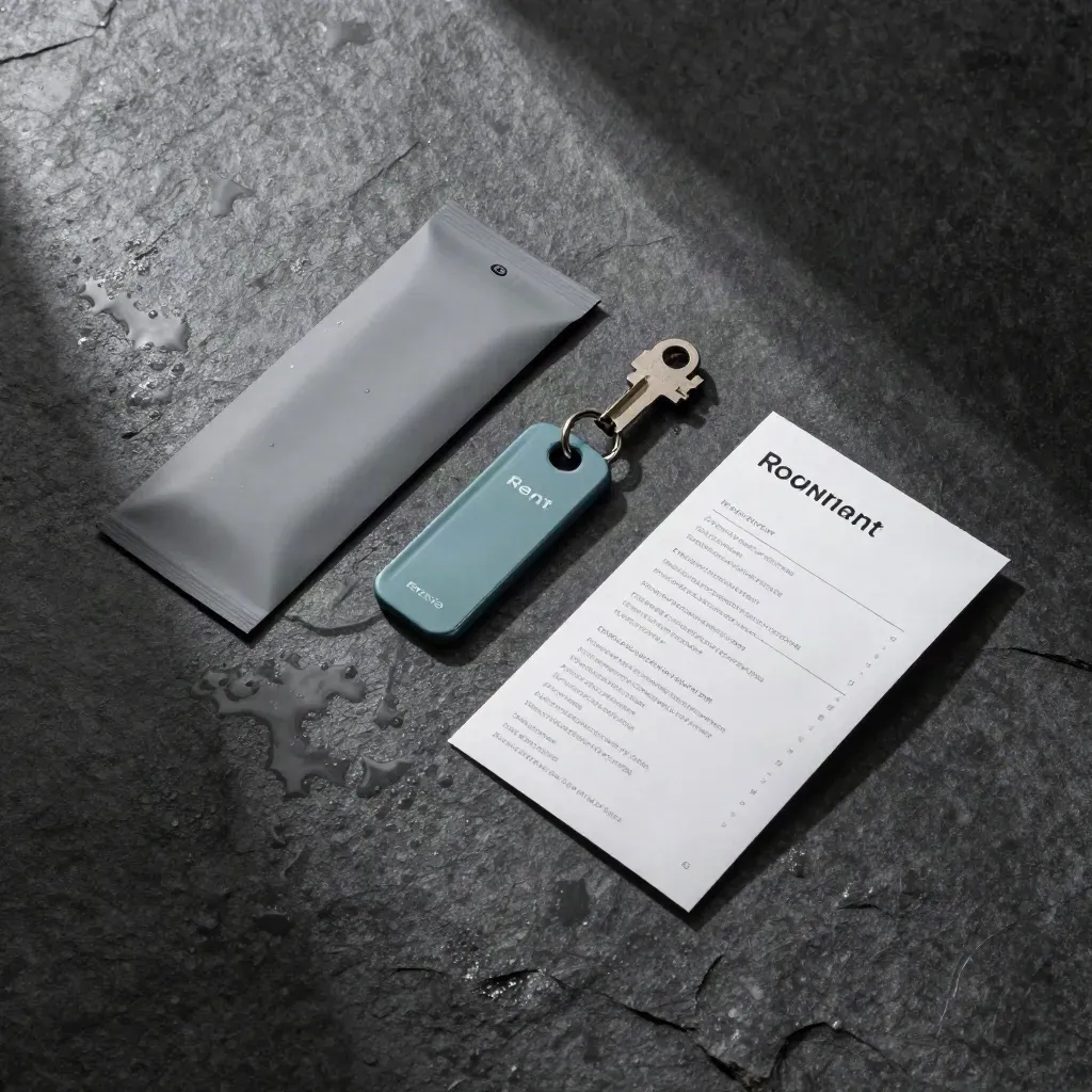 Overhead condo rent-watch packet, teal key tag and folded insert on damp dark stone.