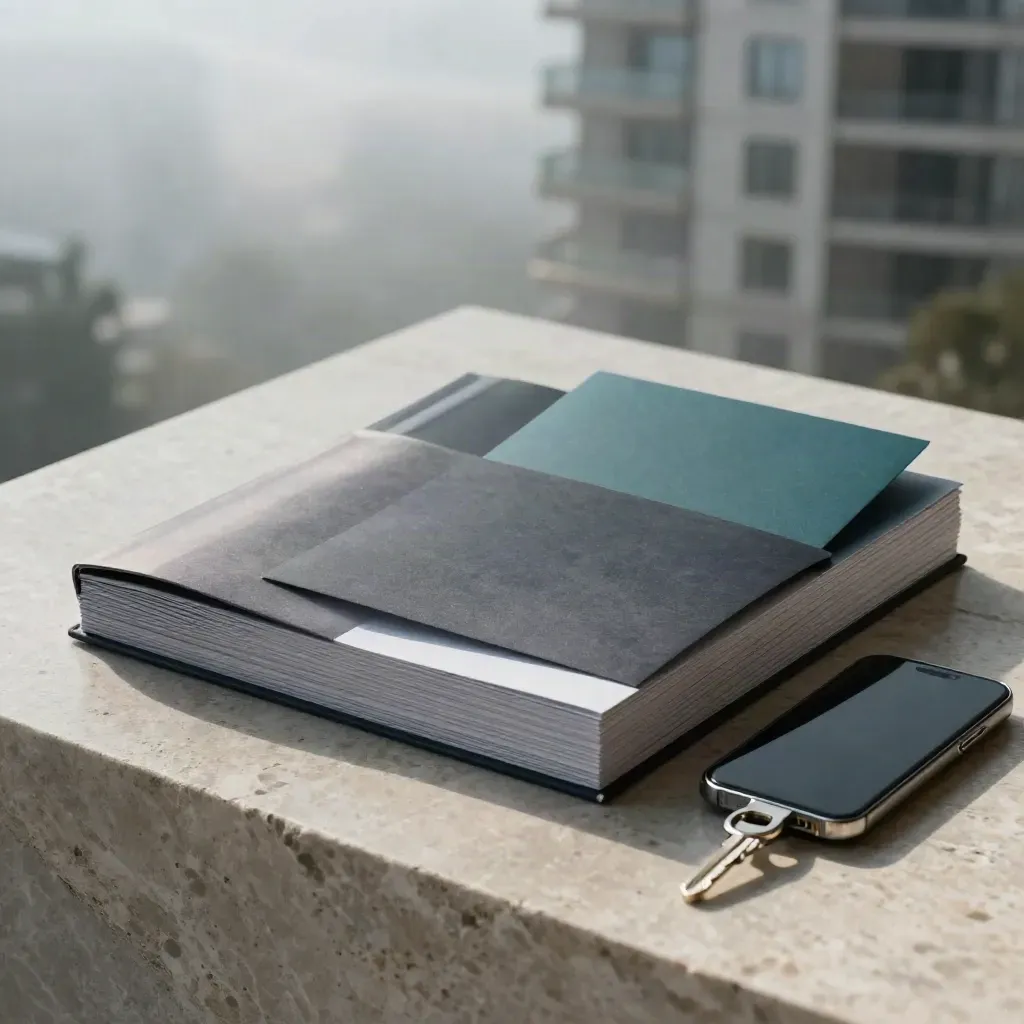 Condo alert packet with phone, key fob and inserts on limestone in dawn mist.