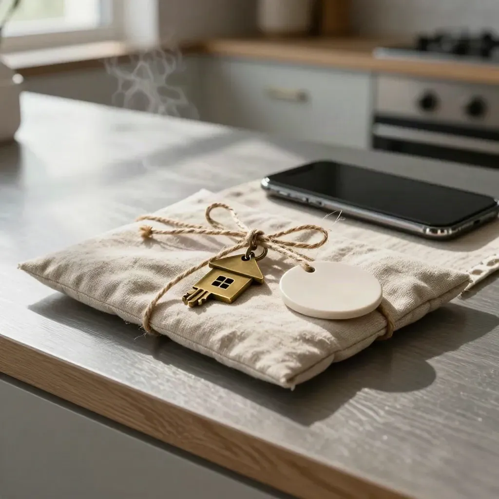 Buyer guide packet with twine, house key, sample chip, and phone on linen in condo kitchen light