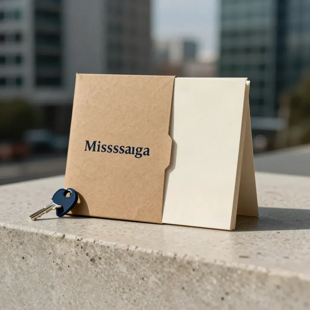 Mississauga condo starter booklet stack in kraft sleeve with key ring on travertine.