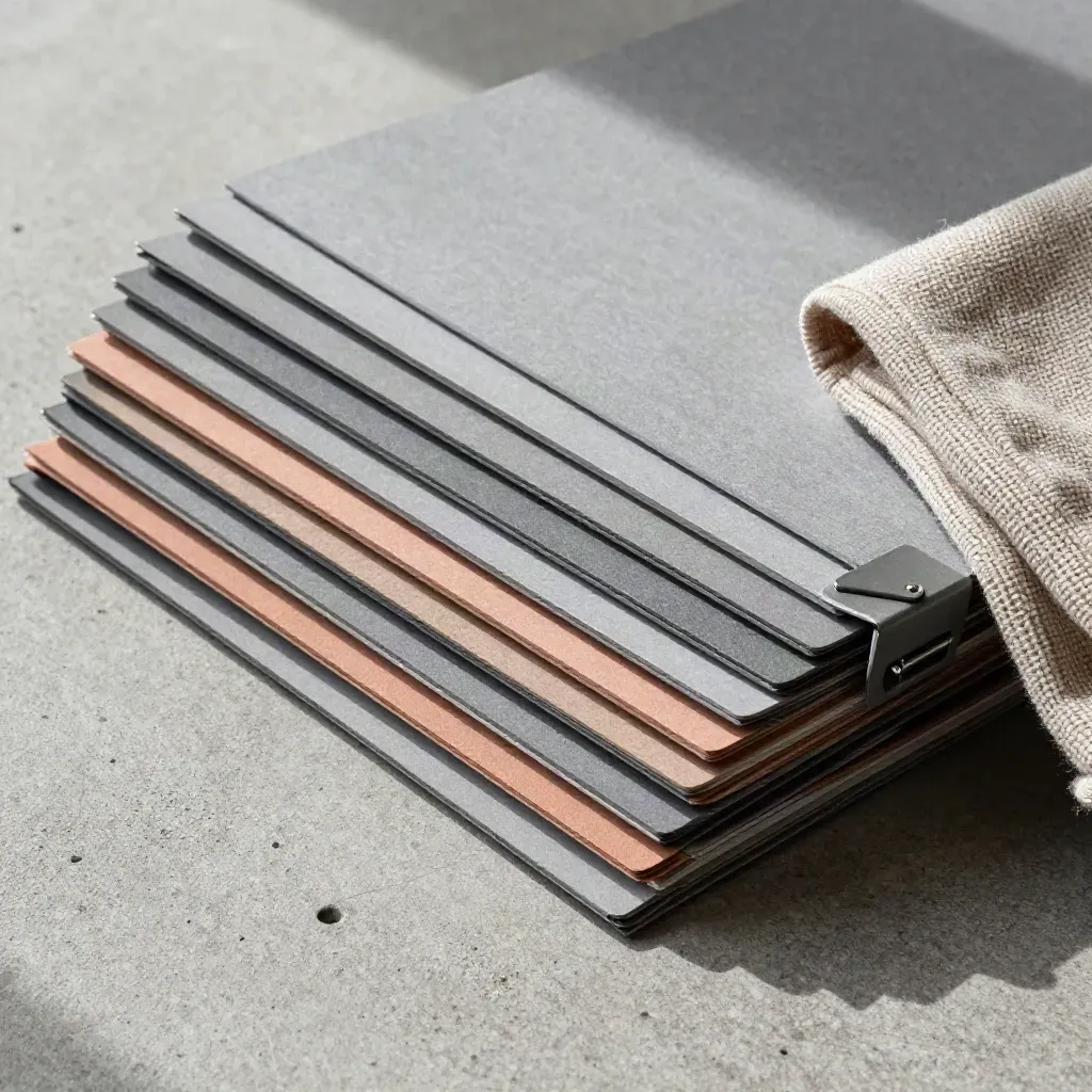Overhead condo tracker folder with tabs, clip, and folded cloth on concrete.