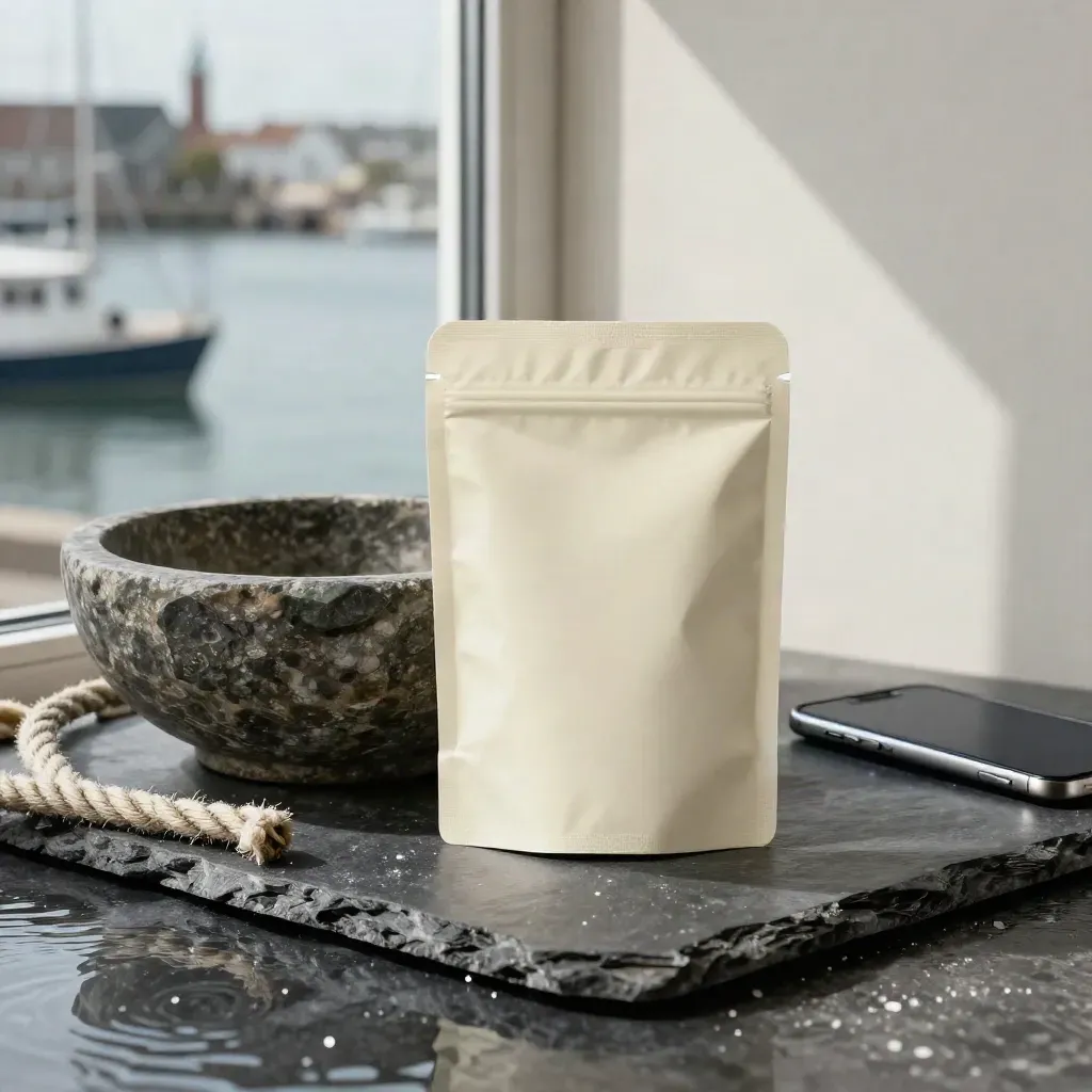 Harbor condo packet beside stone bowl, rope coil, and phone on a slate windowsill