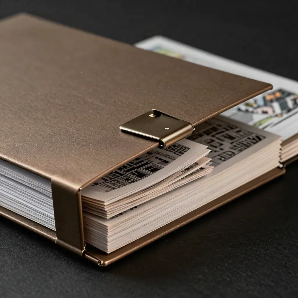 Open condo folder with map inserts lit by a cool studio beam on a dark surface