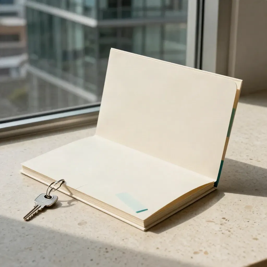 Cream buyer pack folder with inserts and a key card on travertine in a blurred condo lobby.