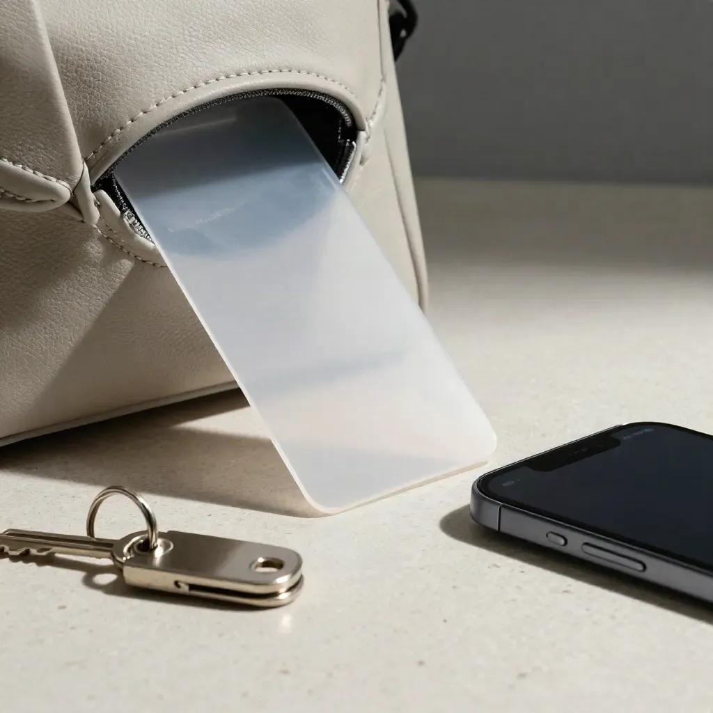 Translucent rental pass sleeve beside a dark phone and silver key fob on pale stone.