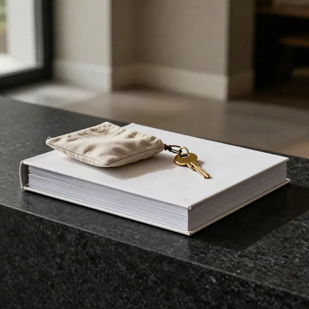 Open condo listings binder with insert stacks, cloth pouch, and brass key ring on dark stone.