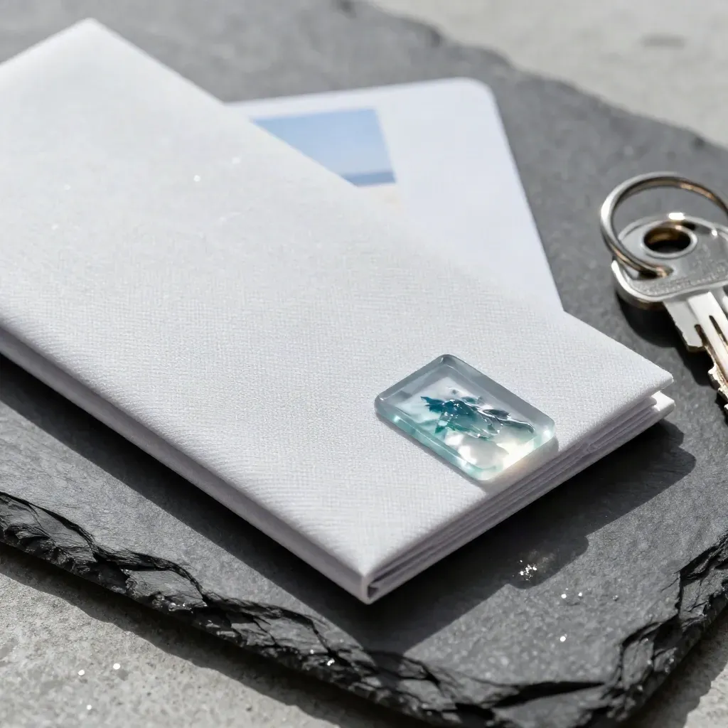 Macro of a pale listing packet, sea-glass tab, and silver key ring on dark slate.