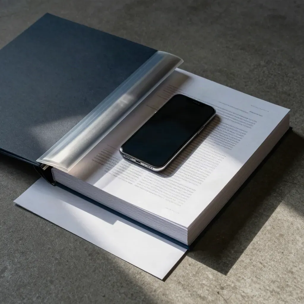 Overhead condo investor dossier, dark phone, layered sheets, and metal binding on cool stone.