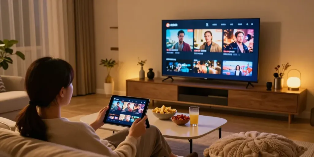 Enjoying a movie night with Moviebox app, showcasing cozy living room.